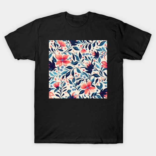 Pink and Navy Seamless Floral Pattern on White T-Shirt by AstroWolfStudio